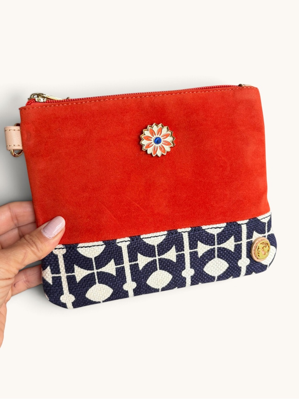 Spartina 449 Burnt Orange & Blue Clutch Cosmetic Pouch | attachable hardware